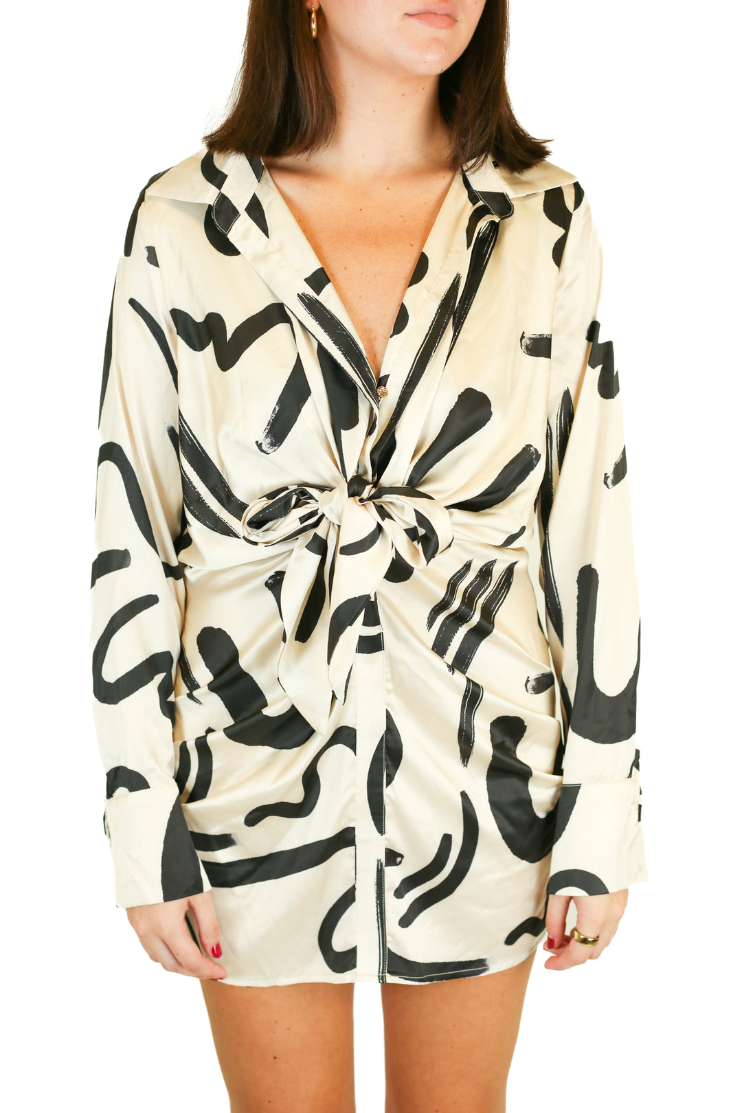 Runaway Cream & Black Abstract Print Silky Shirt Dress (M)