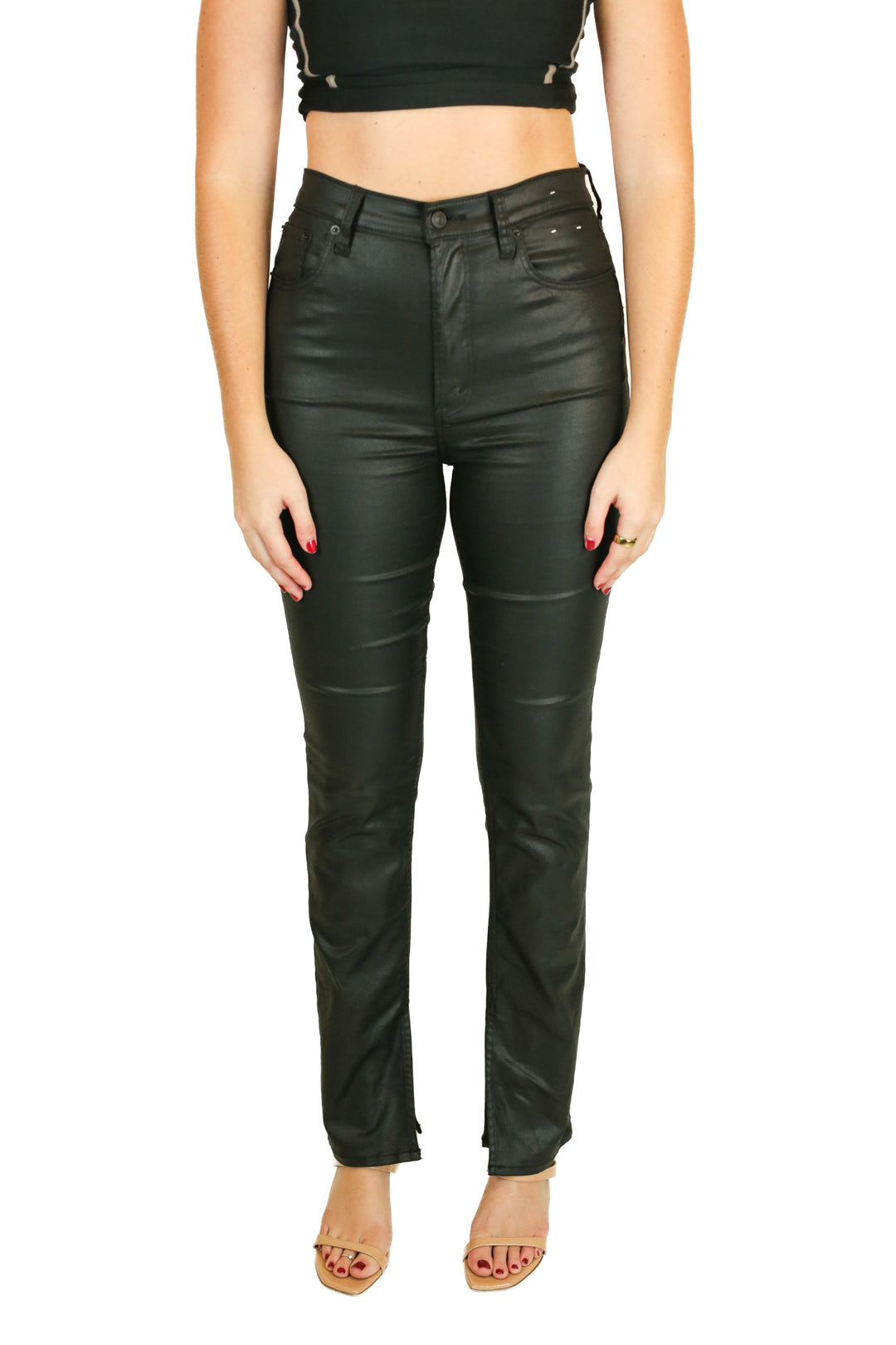 abercrombie black vegan leather straight leg pants (M)