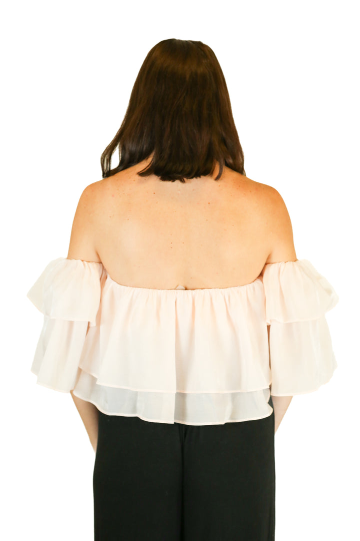 the post light pink metallic ruffle crop top (s)