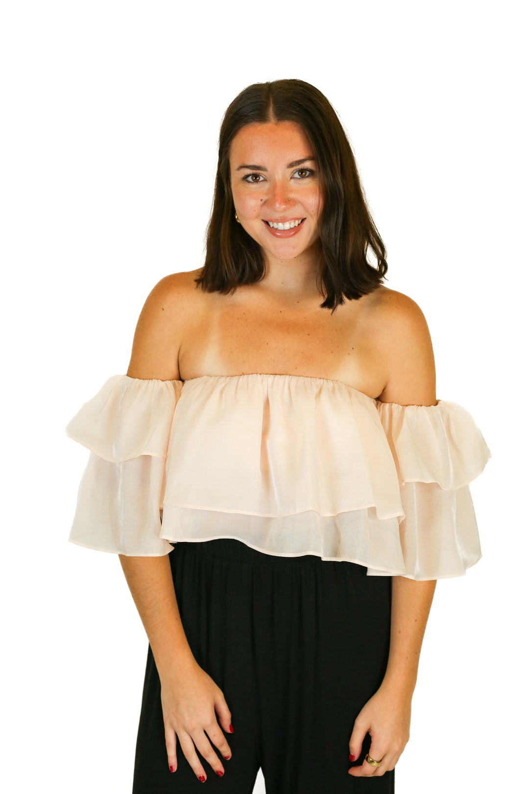 the post light pink metallic ruffle crop top (s)