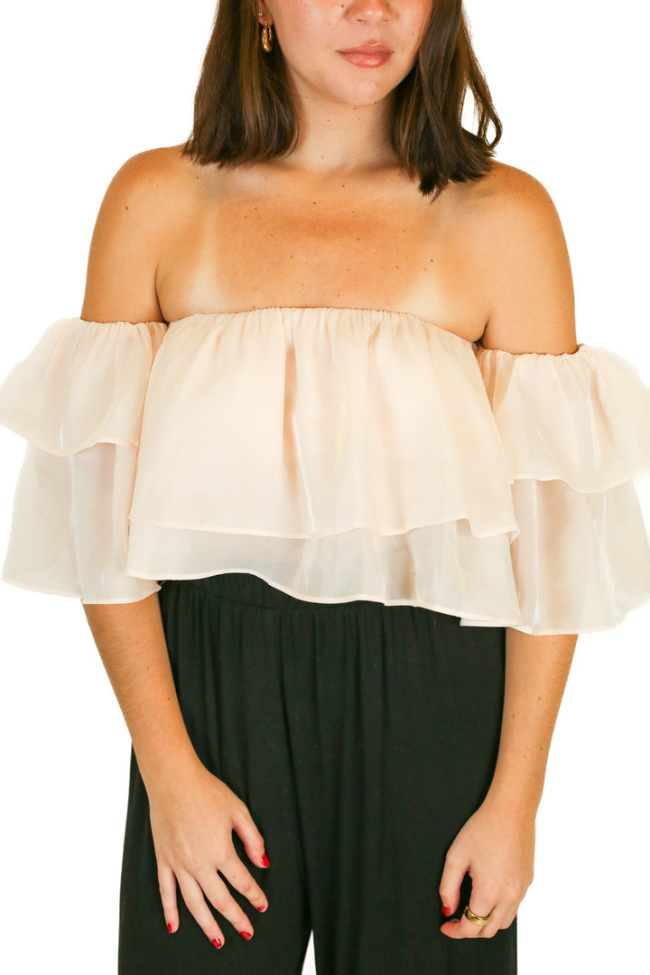 the post light pink metallic ruffle crop top (s)