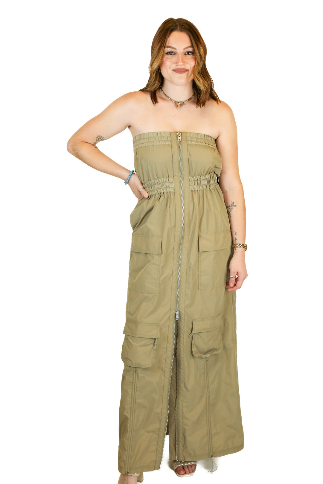 hours olive green cargo maxi dress (s)