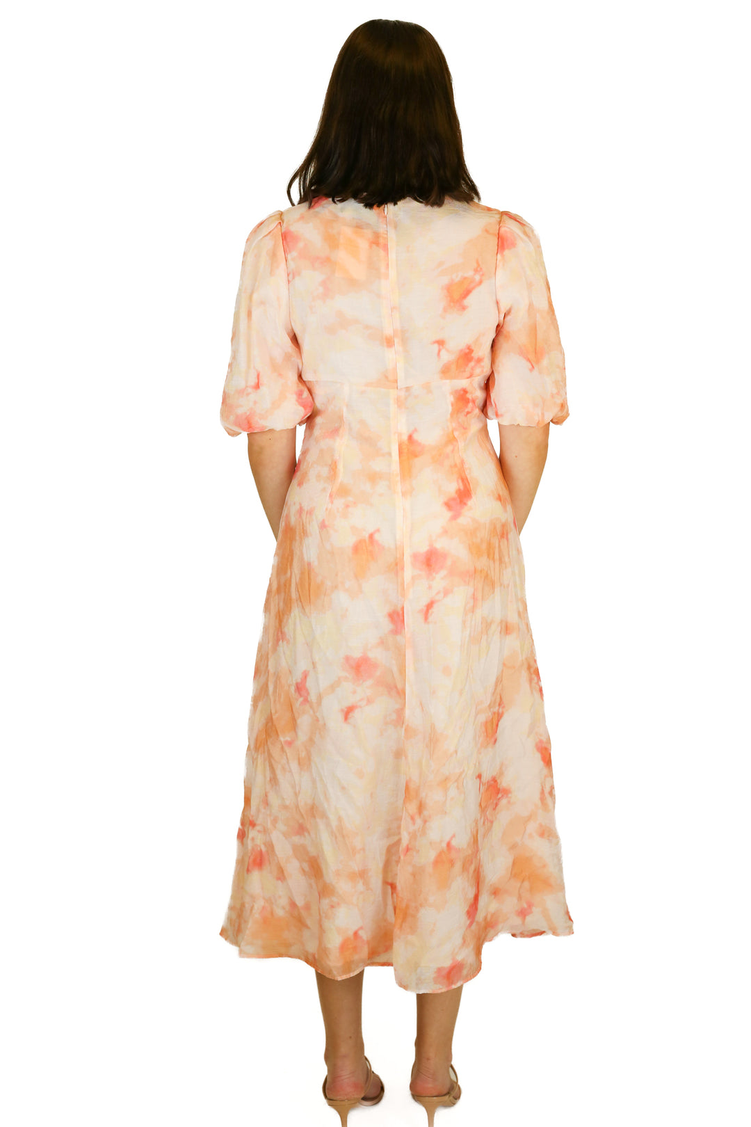 bardot peach balloon sleeve maxi dress (M)