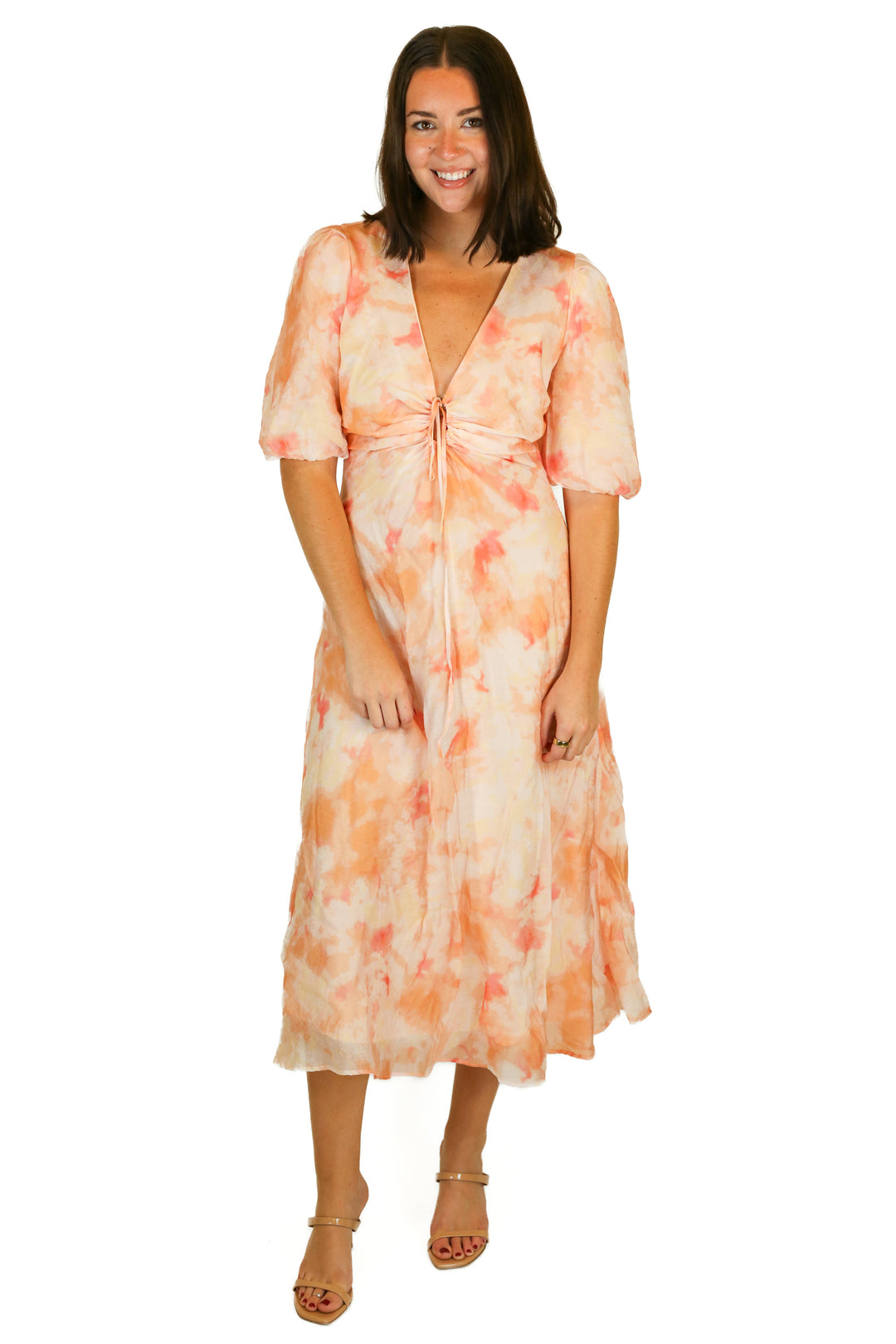 bardot peach balloon sleeve maxi dress (M)