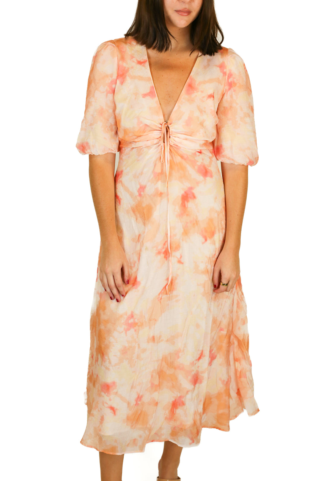 bardot peach balloon sleeve maxi dress (M)