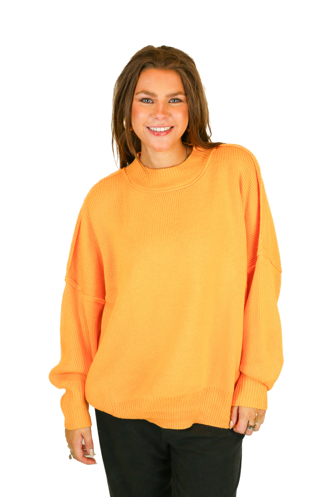 she and sky neon orange oversized mock neck sweater (L)