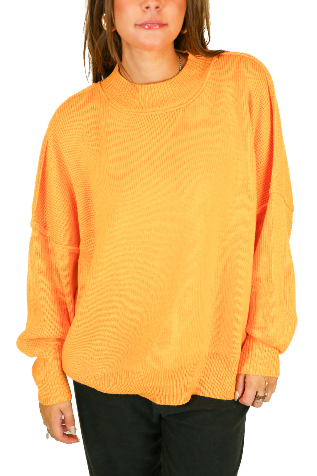 she and sky neon orange oversized mock neck sweater (L)