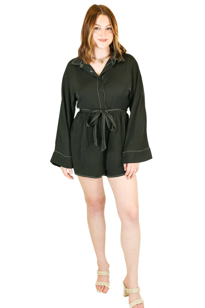 acoa black collared romper with belt NWT (s)
