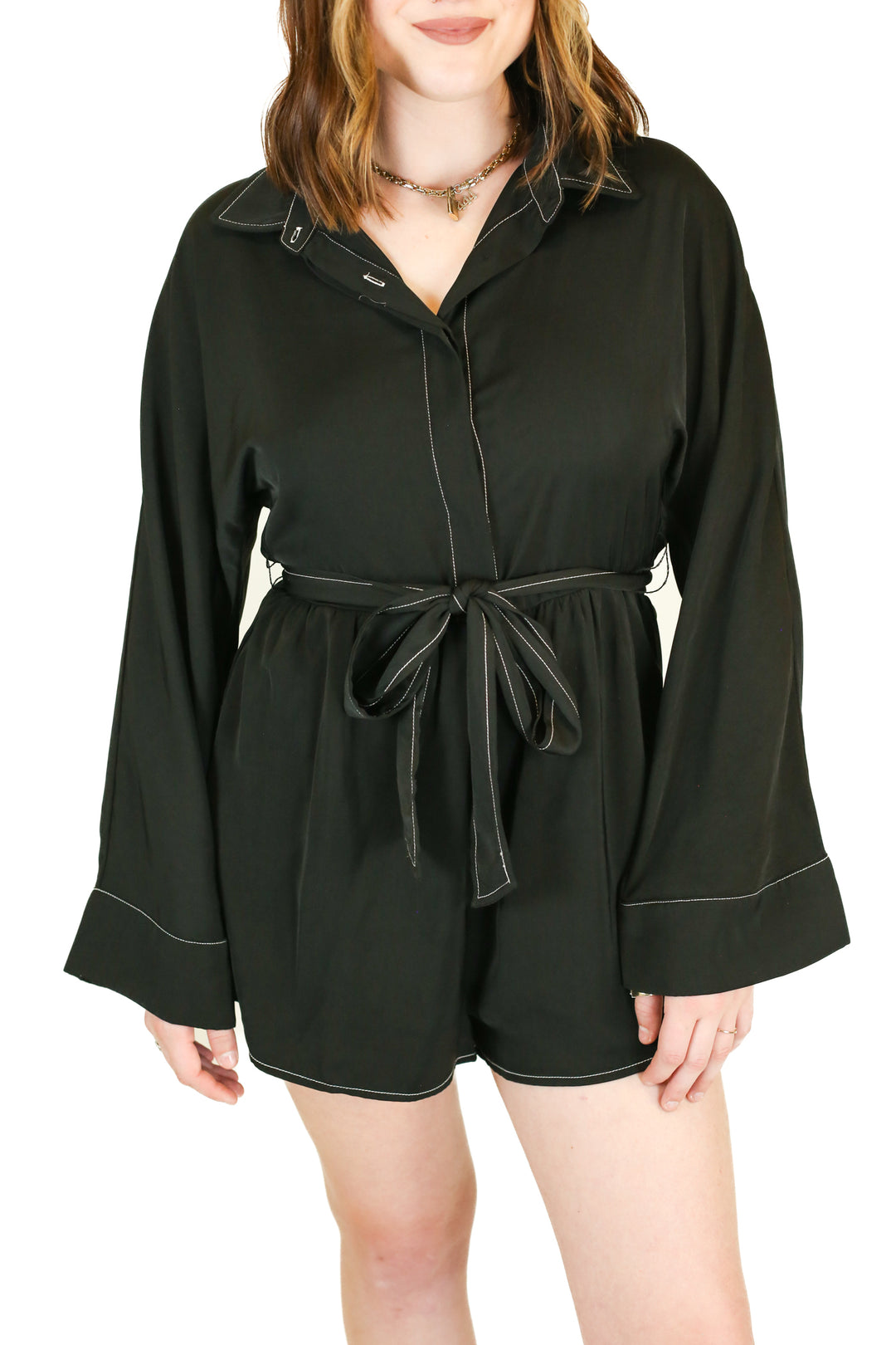 acoa black collared romper with belt NWT (s)