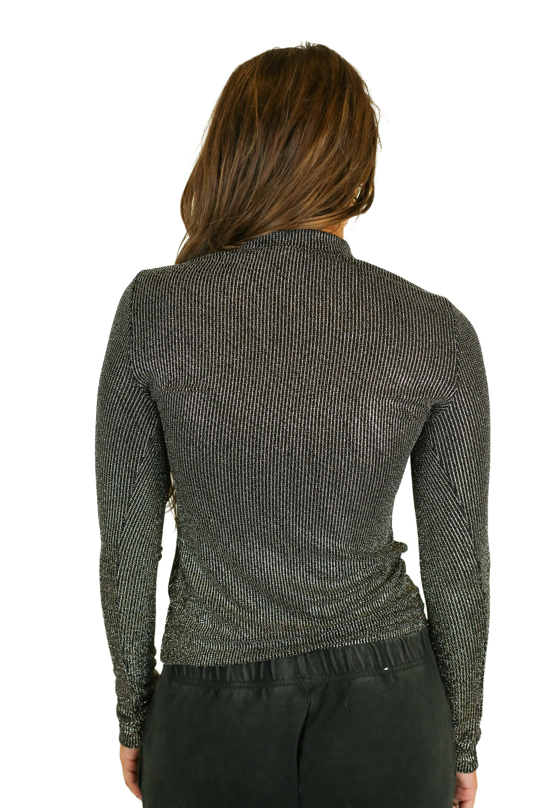 show me your mumu black and gold metallic long sleeve mockeneck top (s)