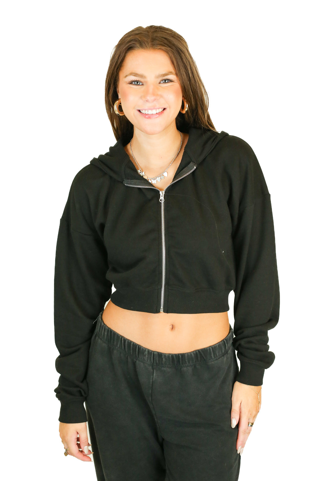 boohoo cropped black zip up hoodie (M) NWT