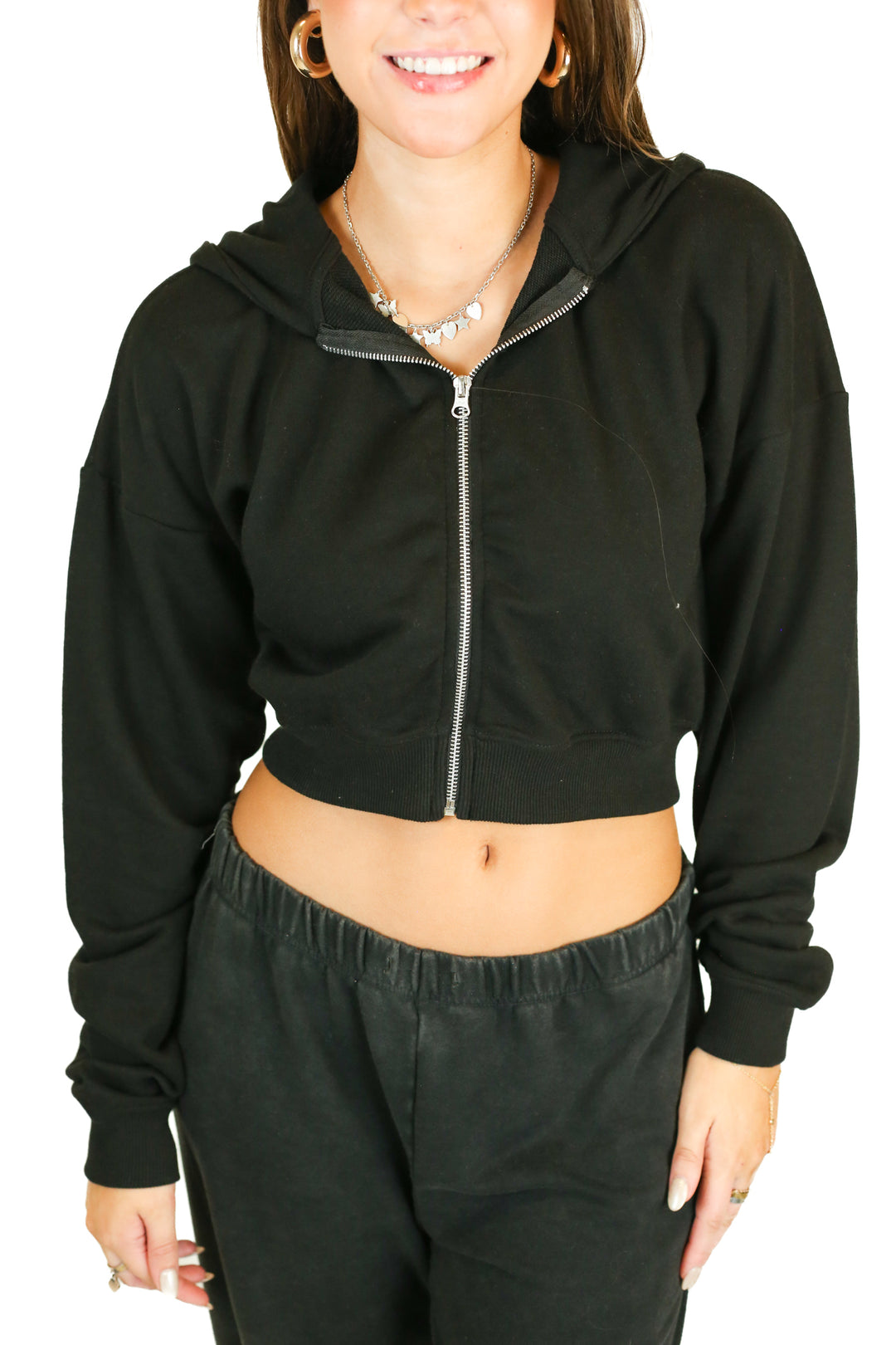 boohoo cropped black zip up hoodie (M) NWT