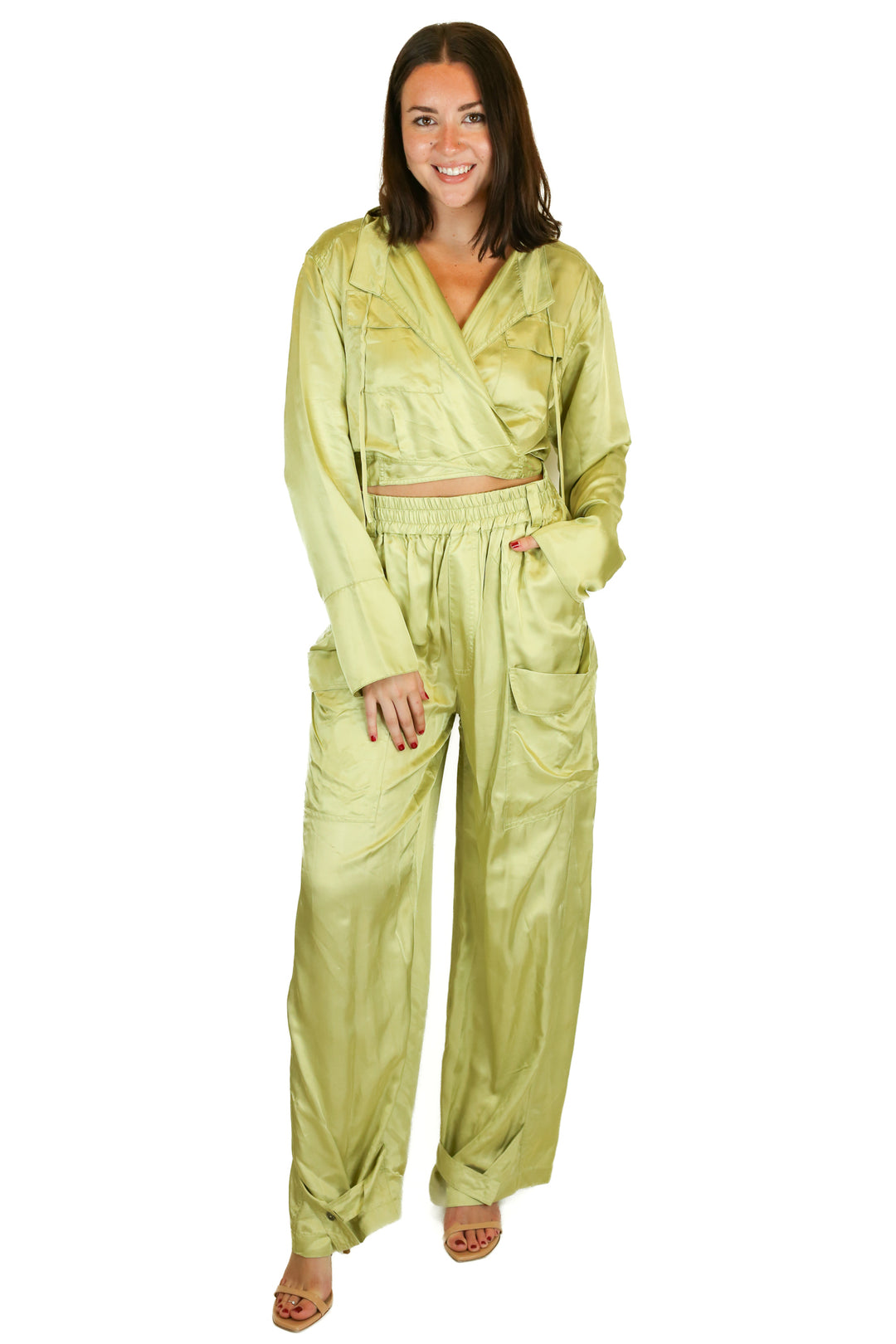 l'academie green silk cargo set (M) NWT