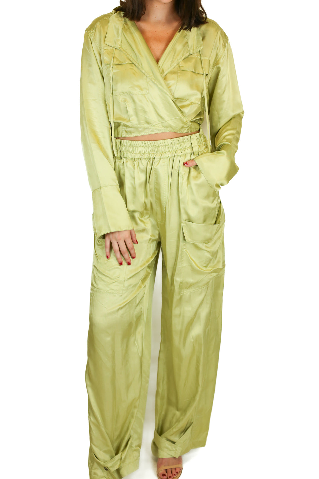 l'academie green silk cargo set (M) NWT