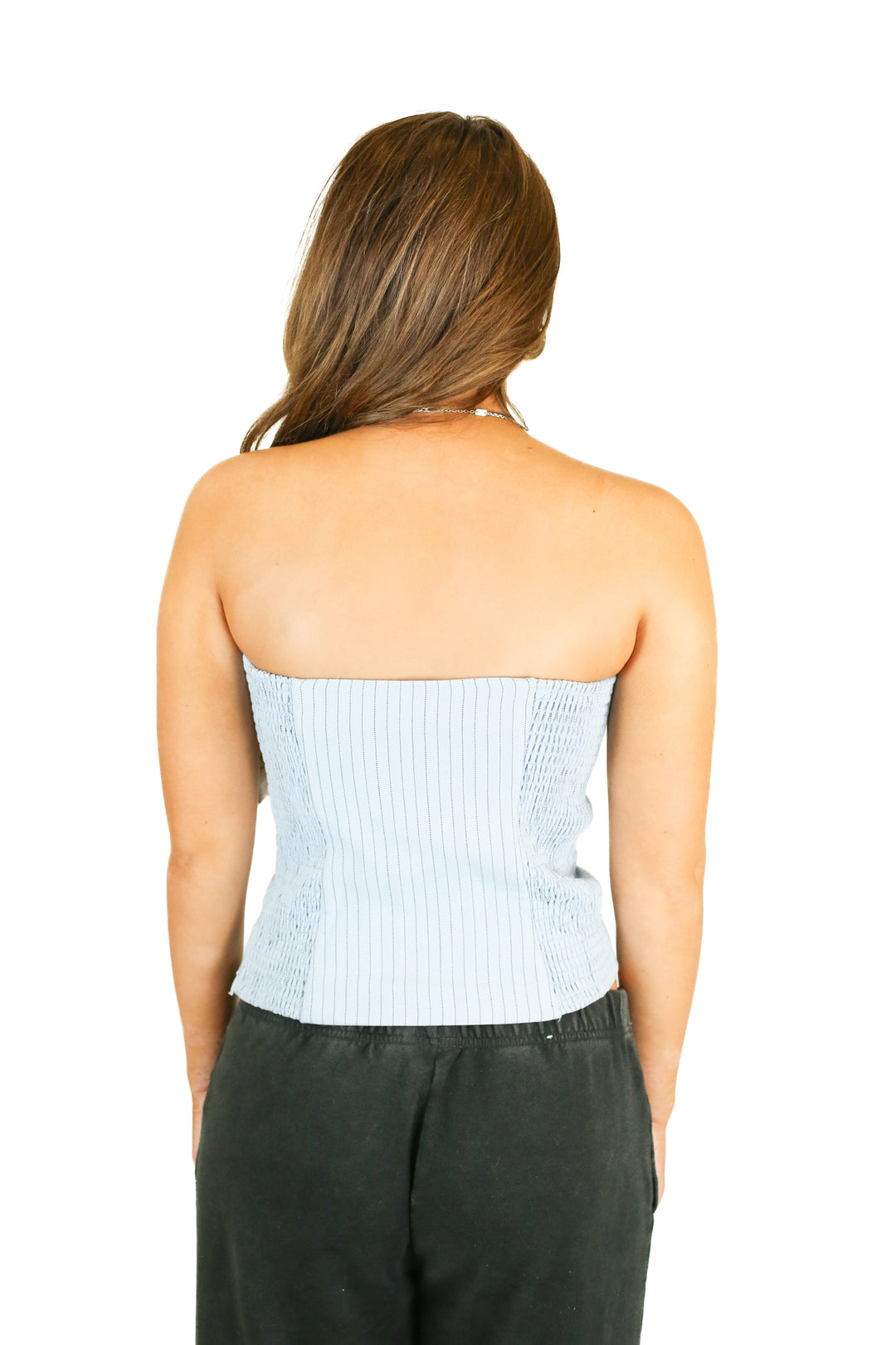 abercrombie light blue pinstripe tube top (s)