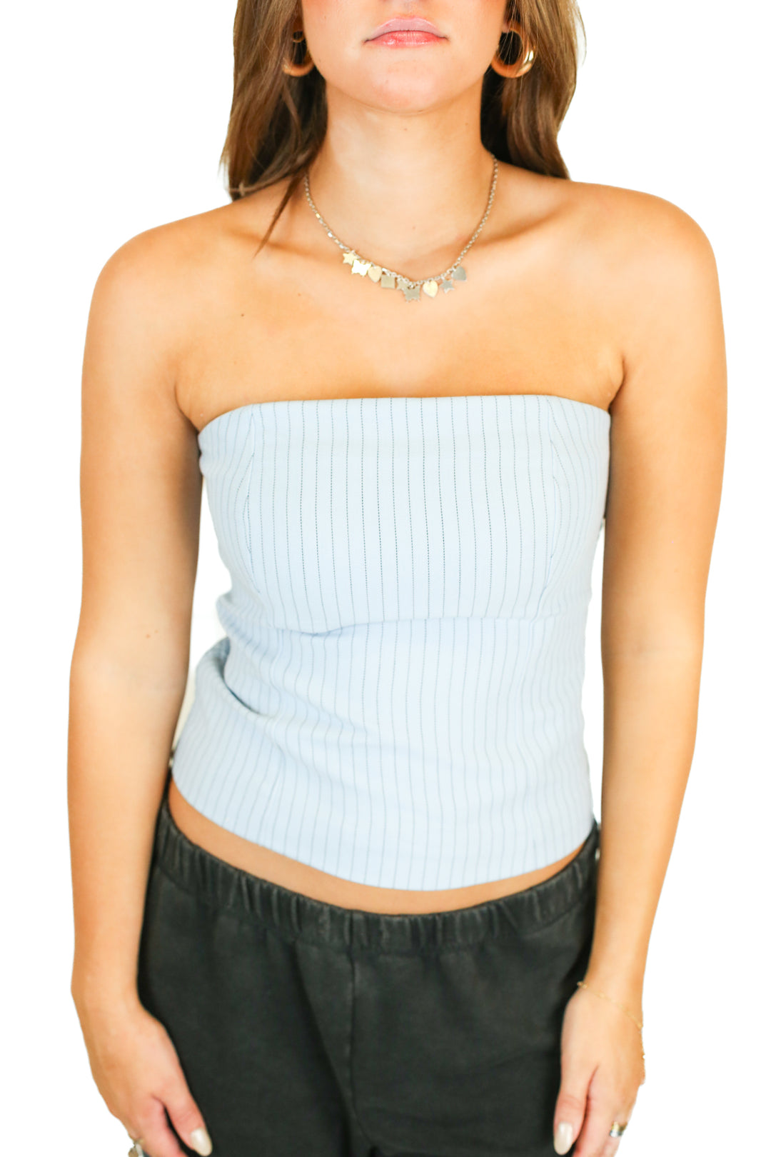abercrombie light blue pinstripe tube top (s)