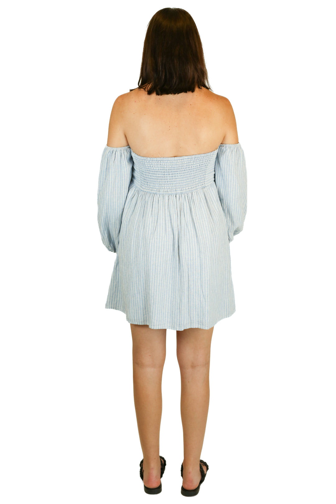 SOLD: abercrombie off the shoulder long sleeve striped linen mini dress (s; retail $100)