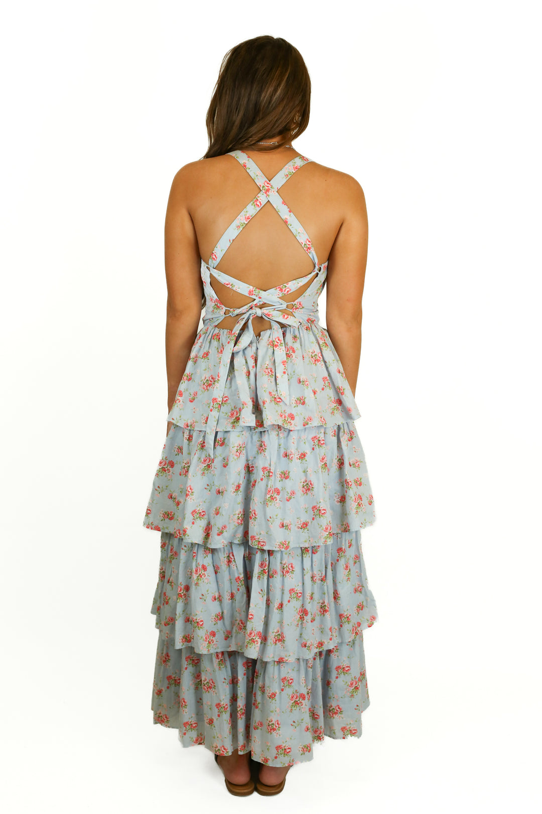 abercrombie blue with pink flowers ruffle maxi dress (s)