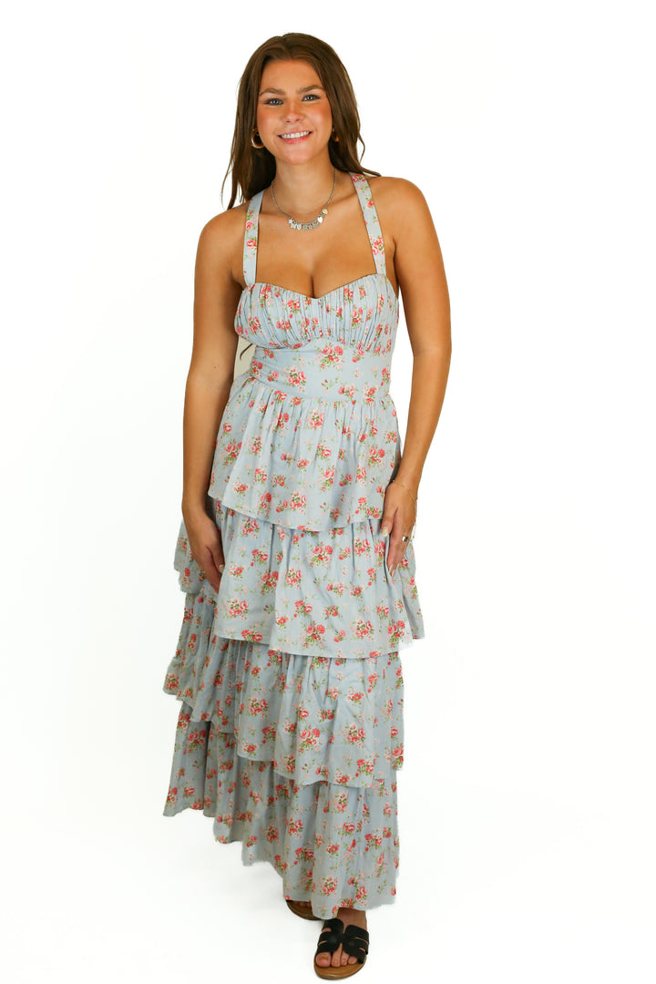 abercrombie blue with pink flowers ruffle maxi dress (s)