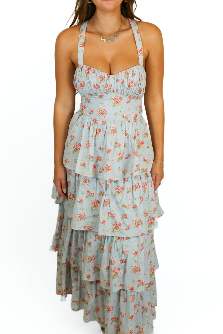 abercrombie blue with pink flowers ruffle maxi dress (s)