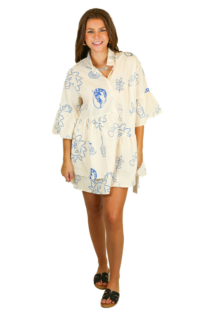 commense cream dress with blue design NWT (m)