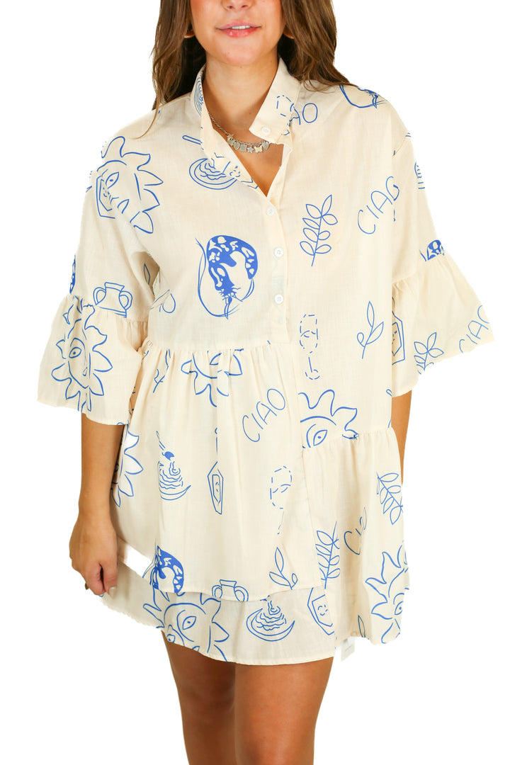 commense cream dress with blue design NWT (m)