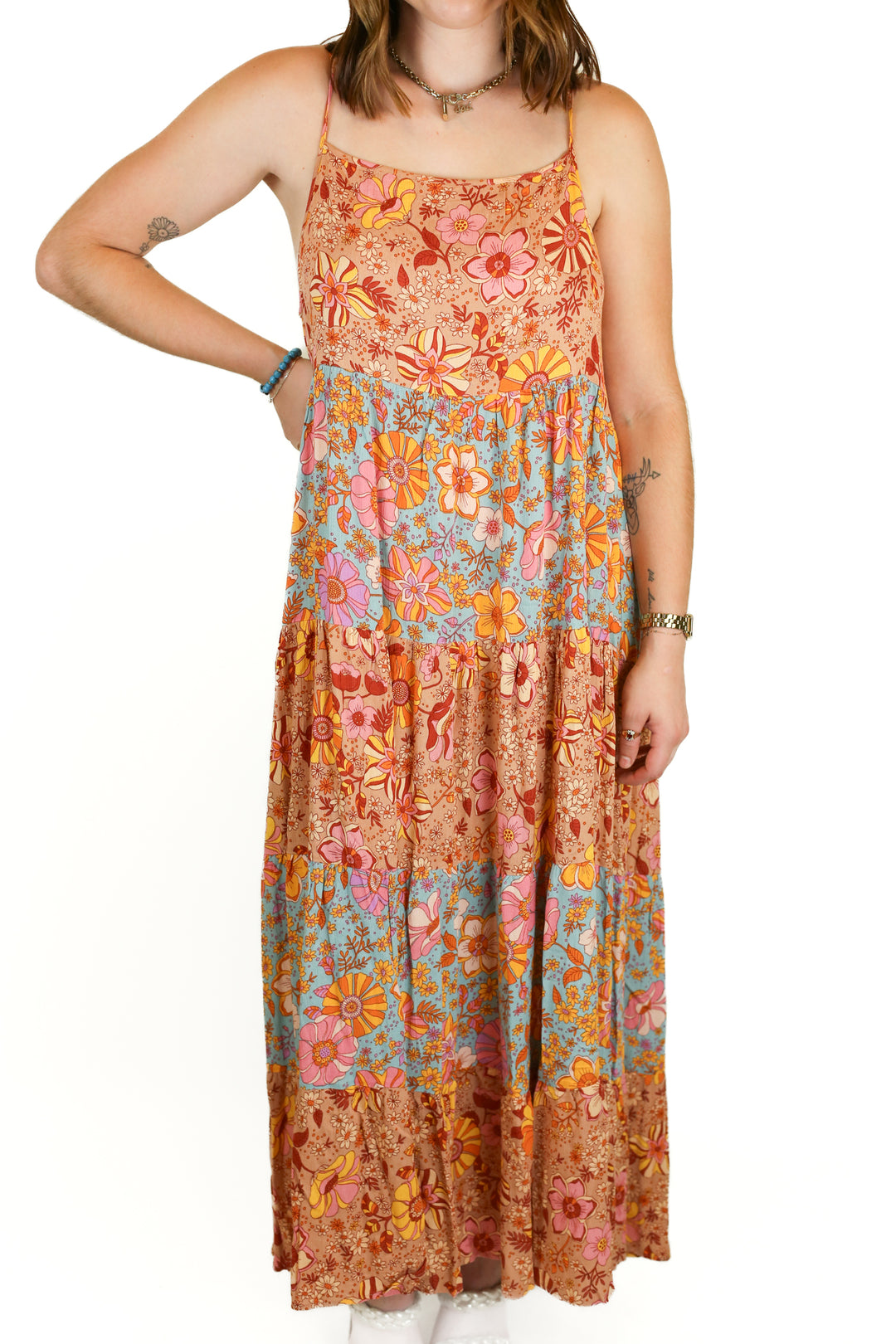 pink lily tiered floral maxi dress (s)