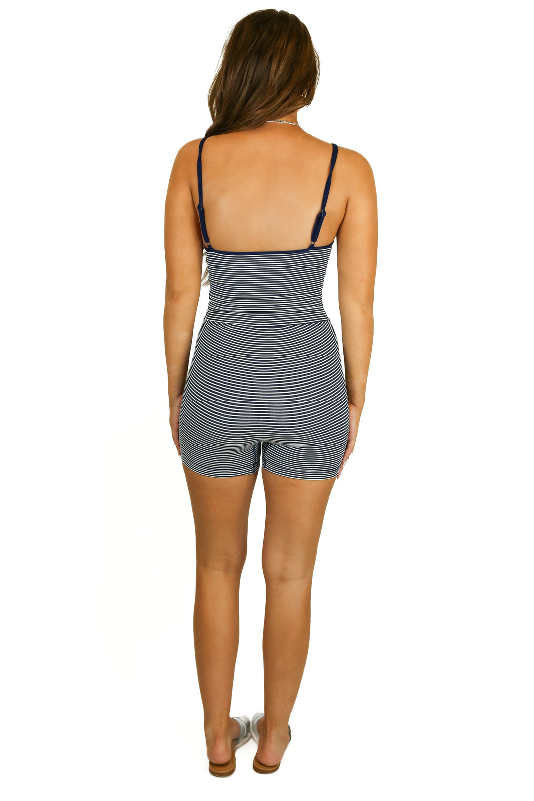 repreve navy and white striped active romper (s) NWT
