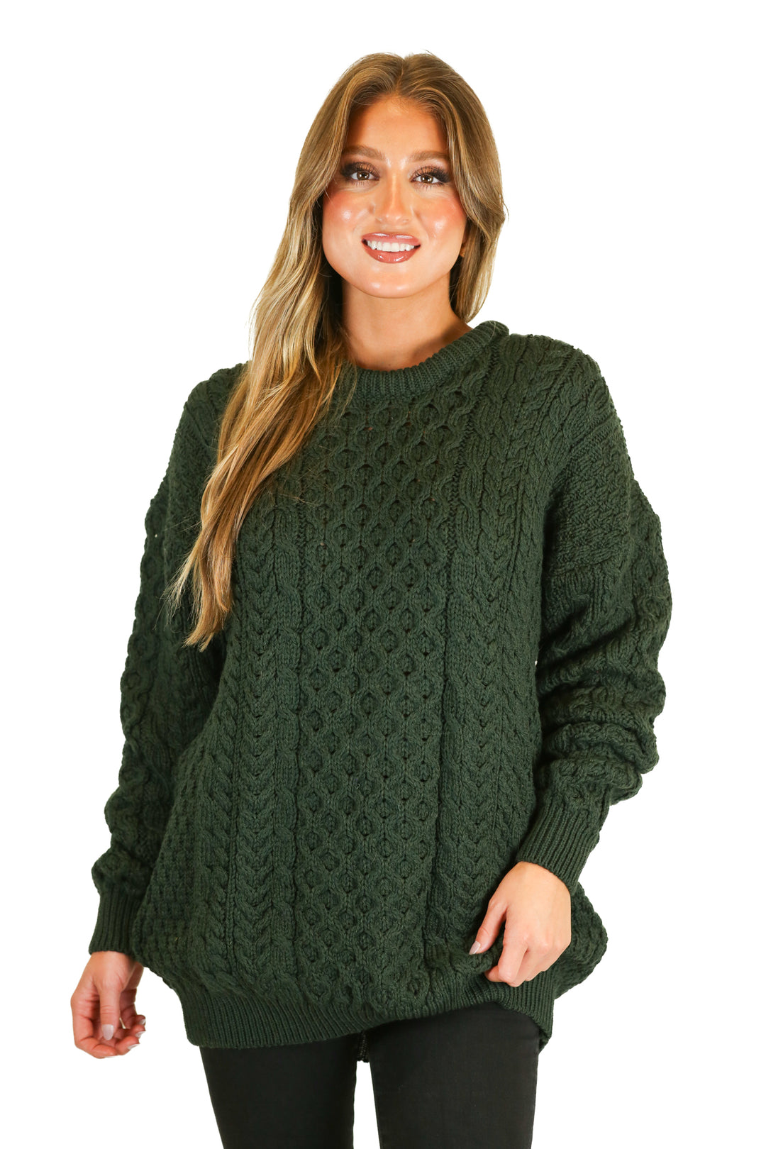 aran dark green long merino wool sweater (m)