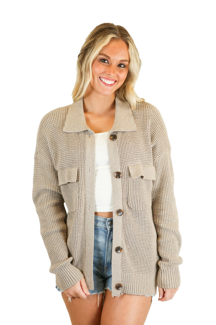 cyrus taupe waffle knit button up shacket (s)