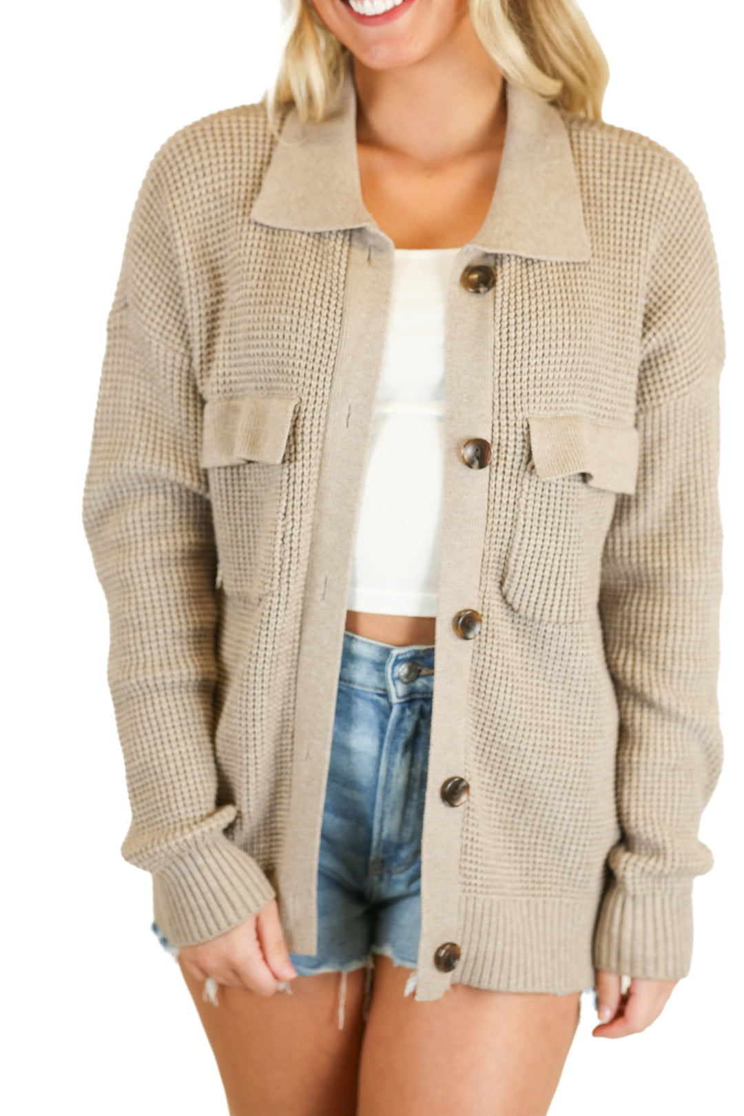 cyrus taupe waffle knit button up shacket (s)