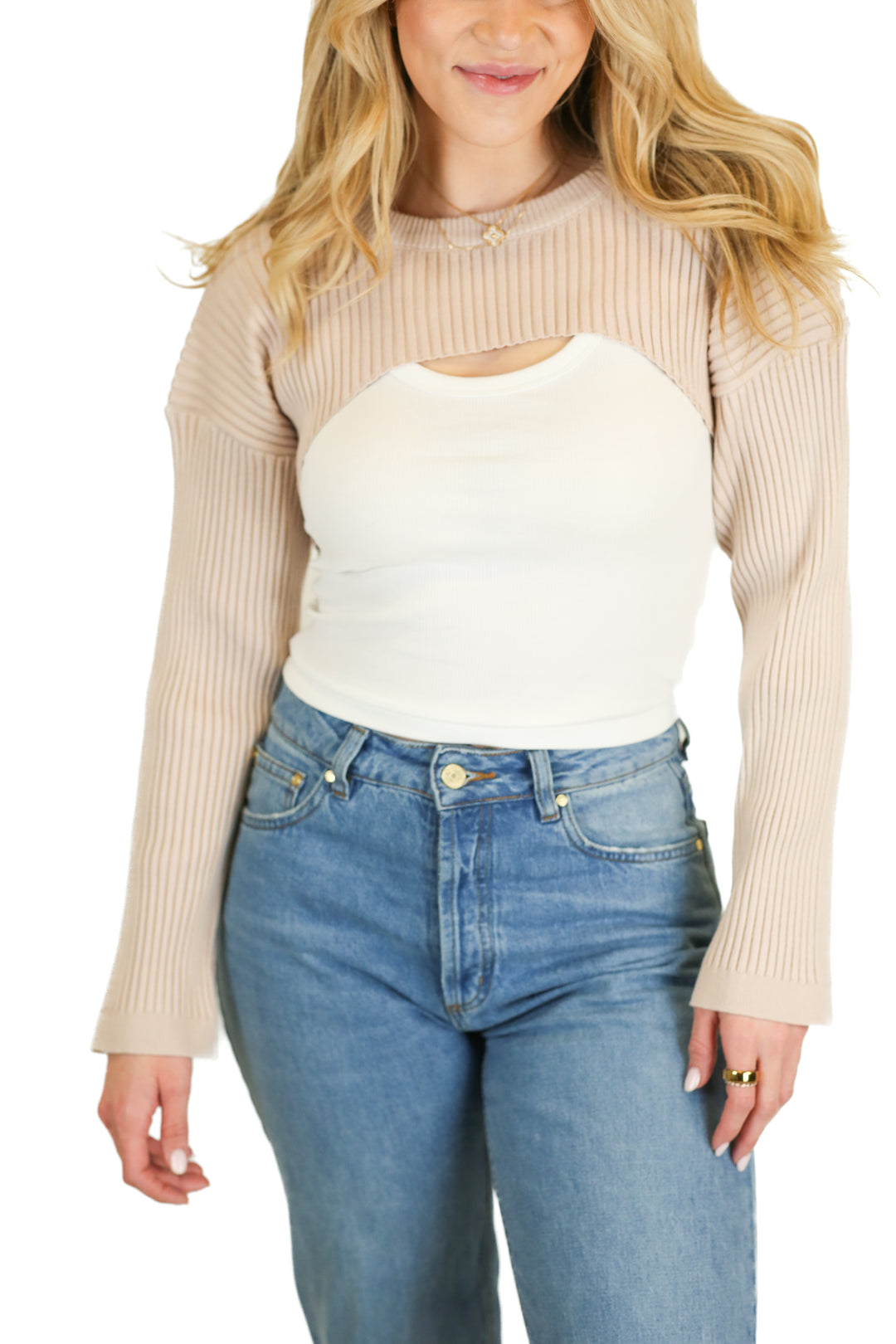 Böhme Beige Drop Shoulder Crop Pullover (S)