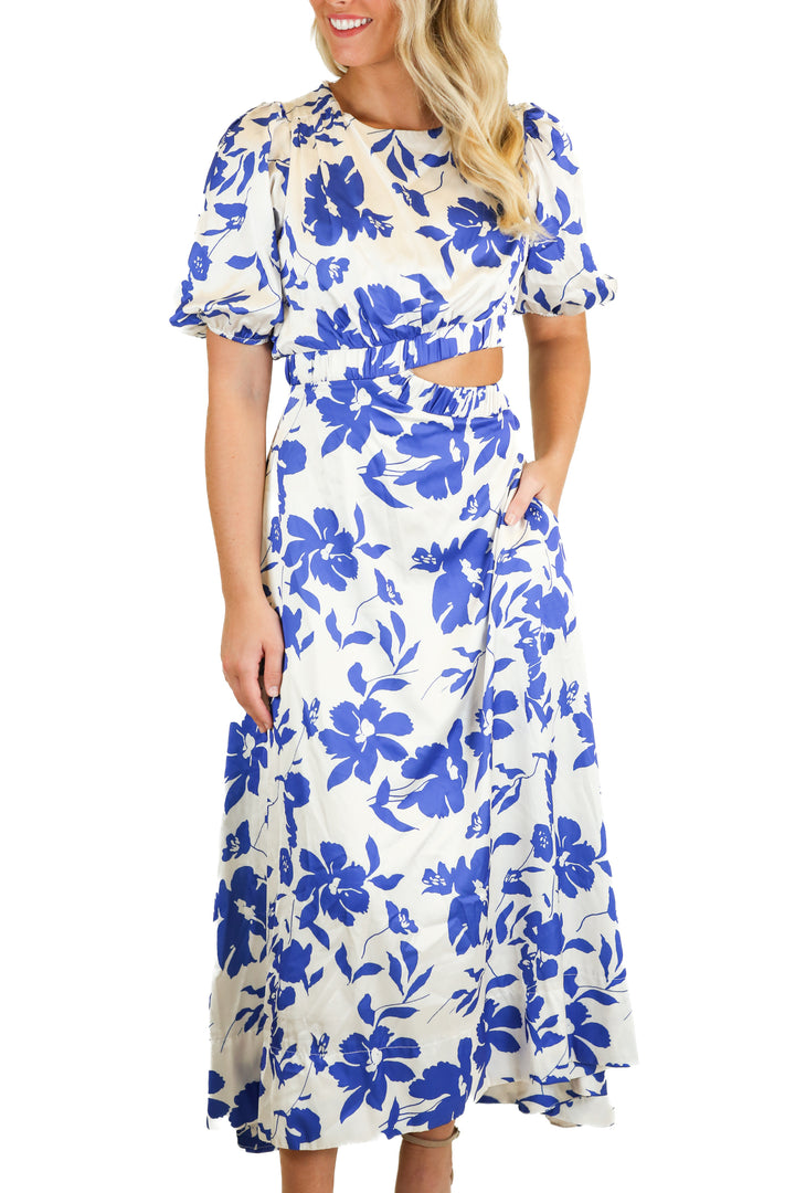 Petal + Pup Blue Floral Satin Maxi Dress (XS)