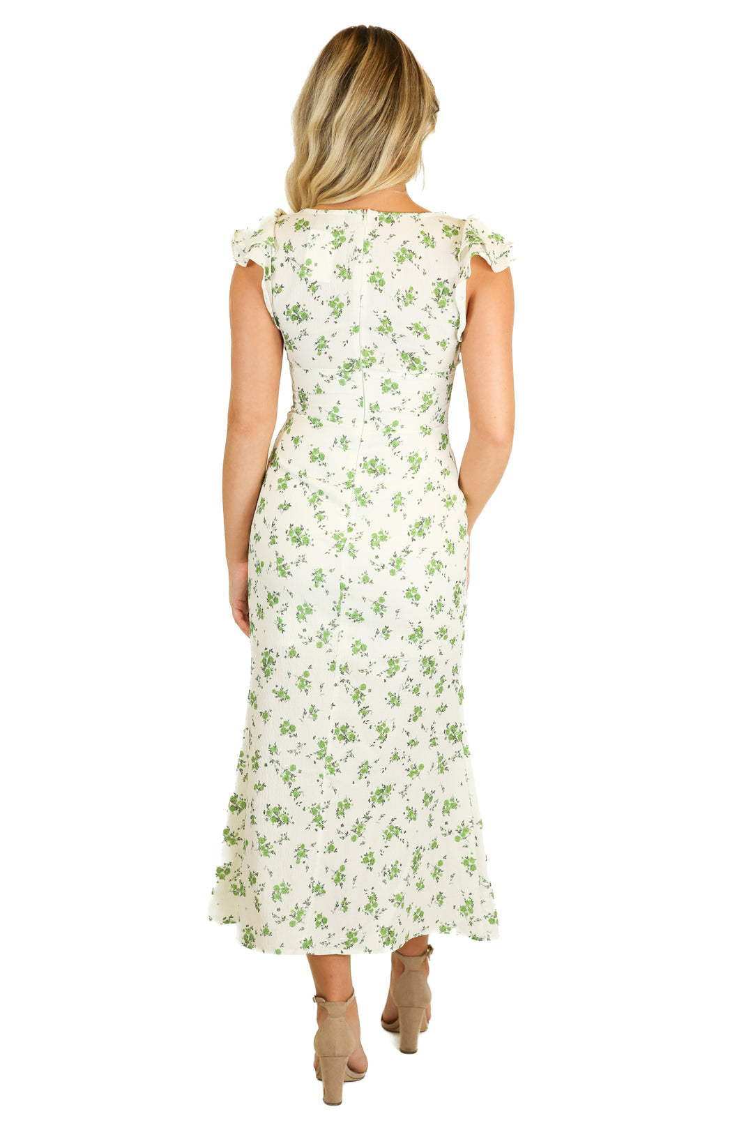Cider Cream & Green Floral Ruffle Maxi Dress (XS)