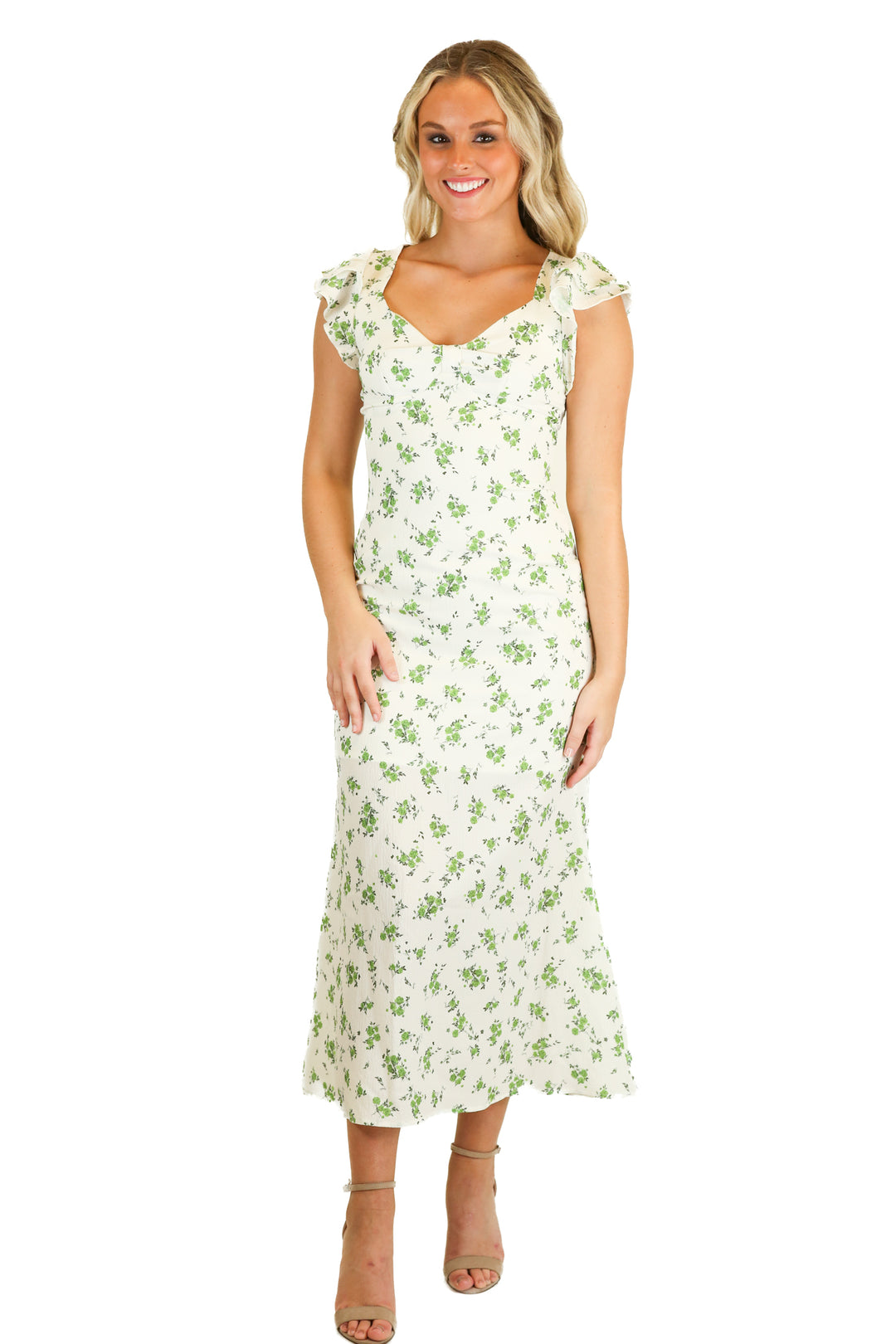 Cider Cream & Green Floral Ruffle Maxi Dress (XS)