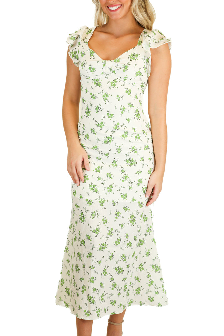 Cider Cream & Green Floral Ruffle Maxi Dress (XS)