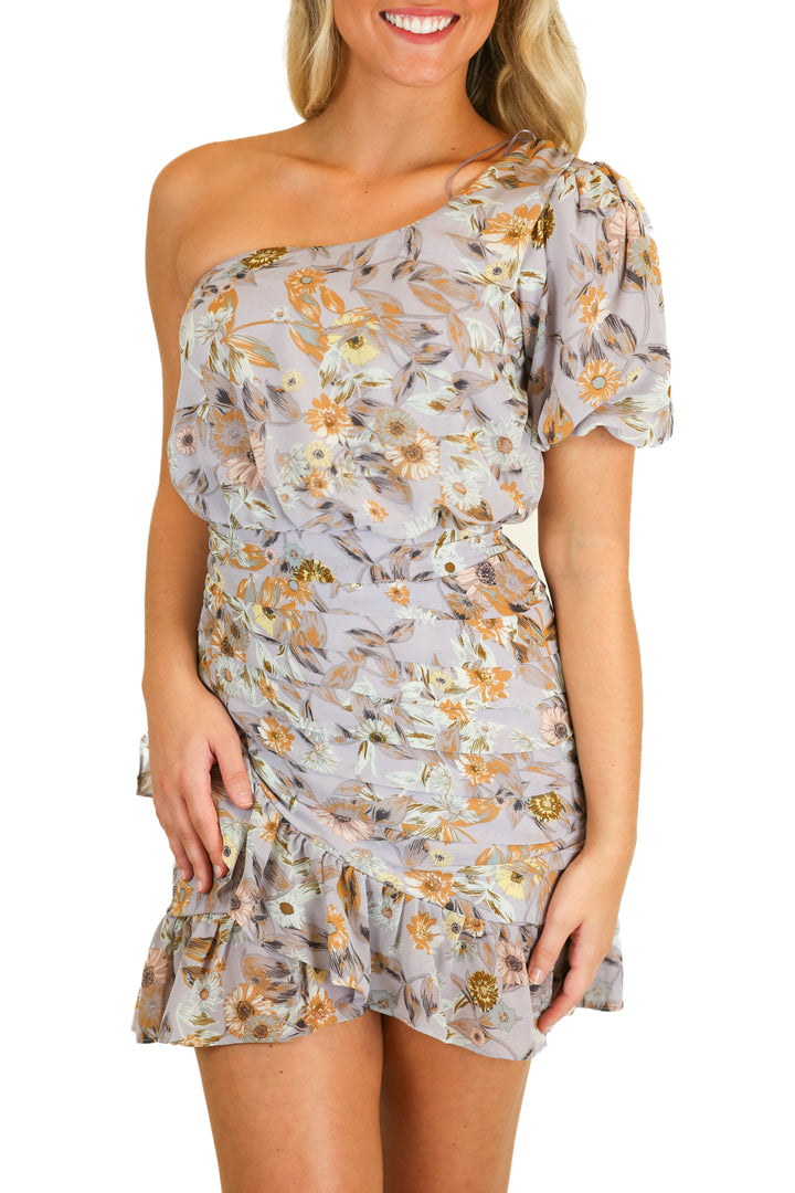 astr periwinkle multi floral one shoulder dress (xs)