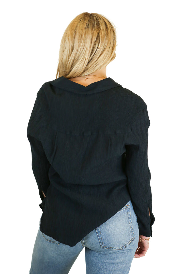 Abercrombie Black Crinkled Button-Down Top (XS)