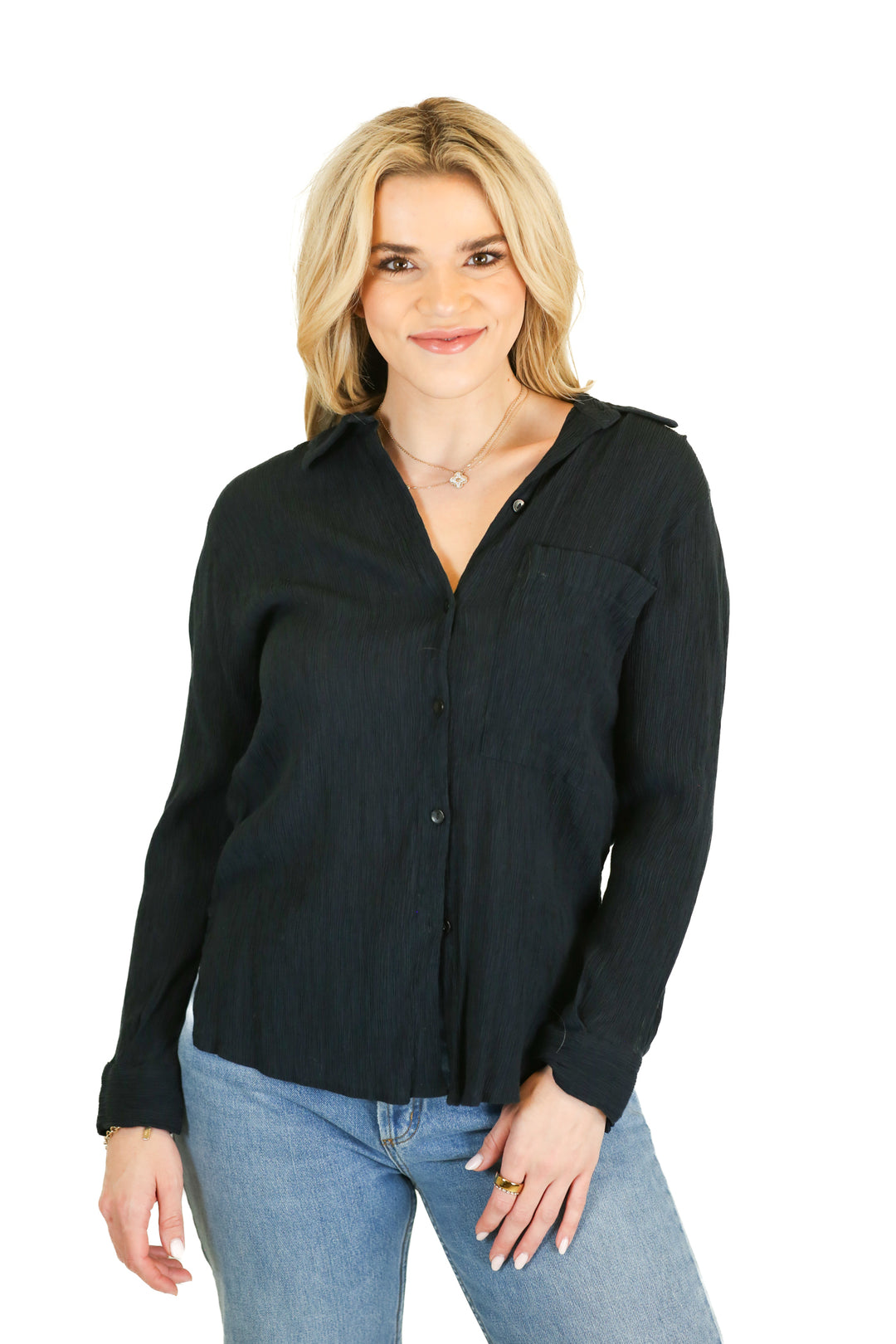 Abercrombie Black Crinkled Button-Down Top (XS)