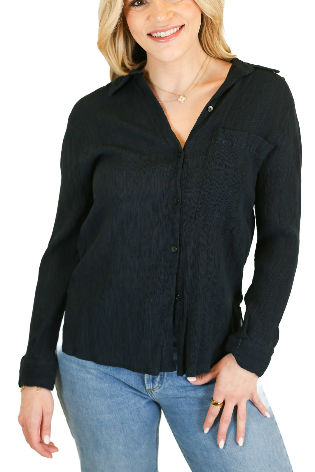 Abercrombie Black Crinkled Button-Down Top (XS)