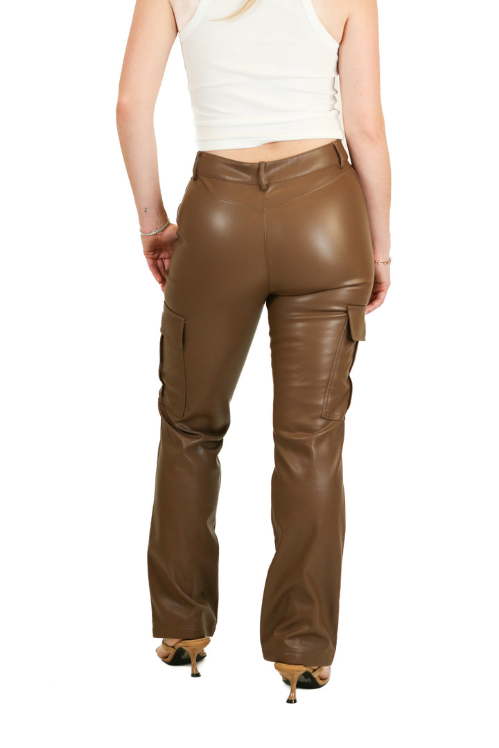 Stradivarius Brown Faux Leather Cargo Pants (2)