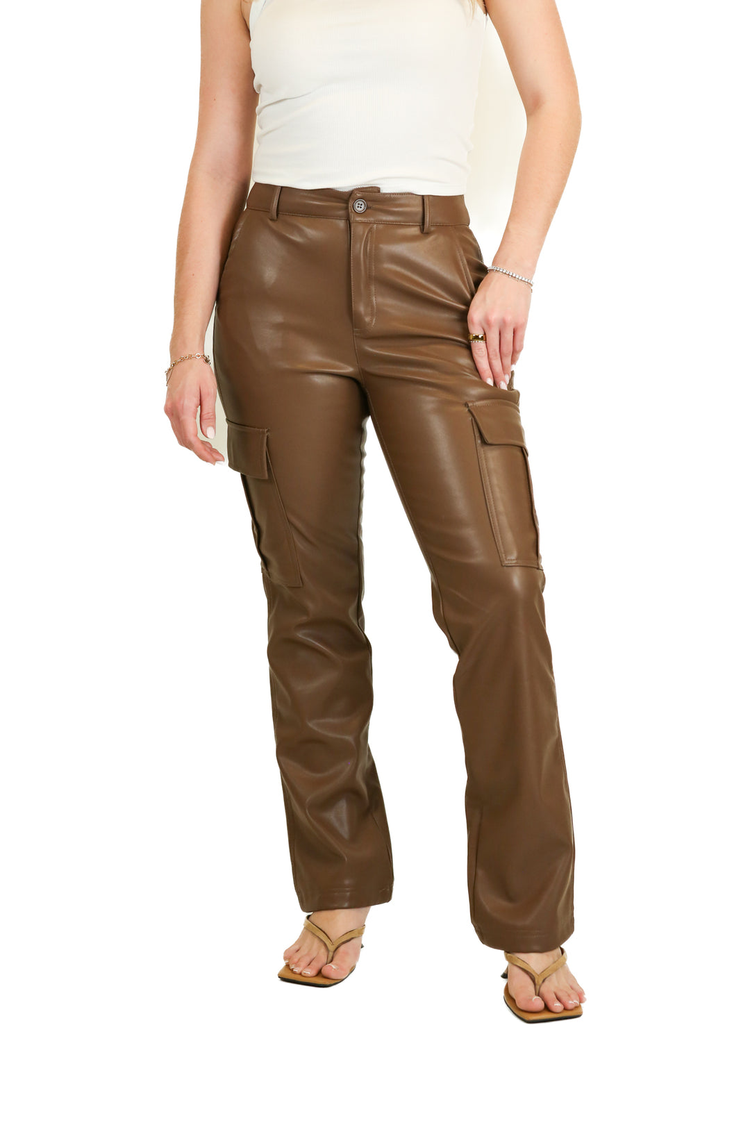Stradivarius Brown Faux Leather Cargo Pants (2)