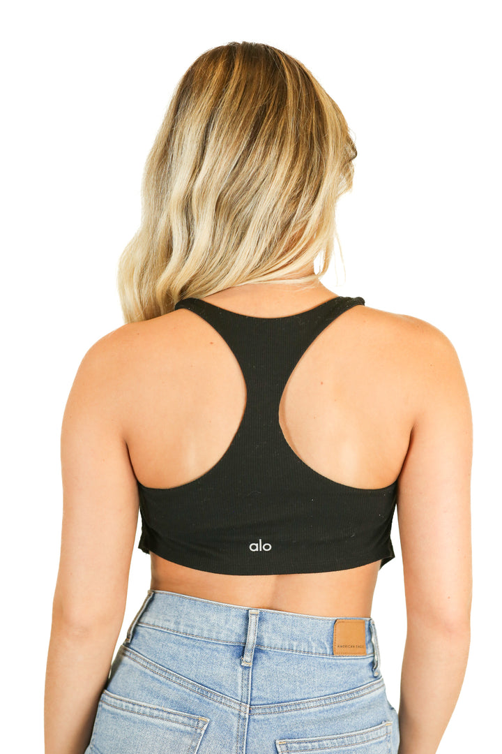 Alo Black Racerback Ribbed Cropped Tank (S)