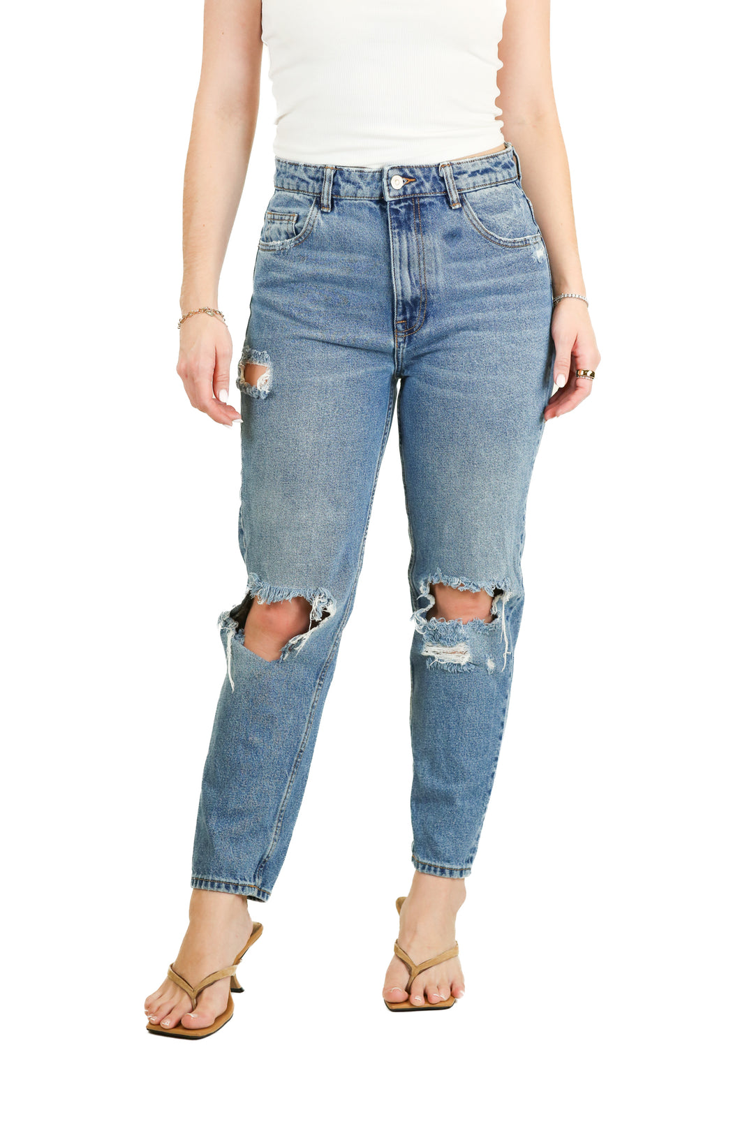 Zara dark wash distressed denim jeans (6)*