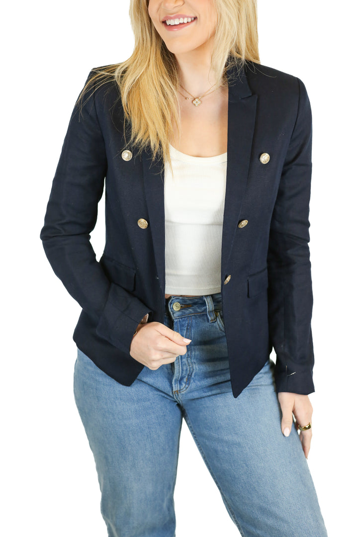 Mango Navy Linen Blazer (XS)