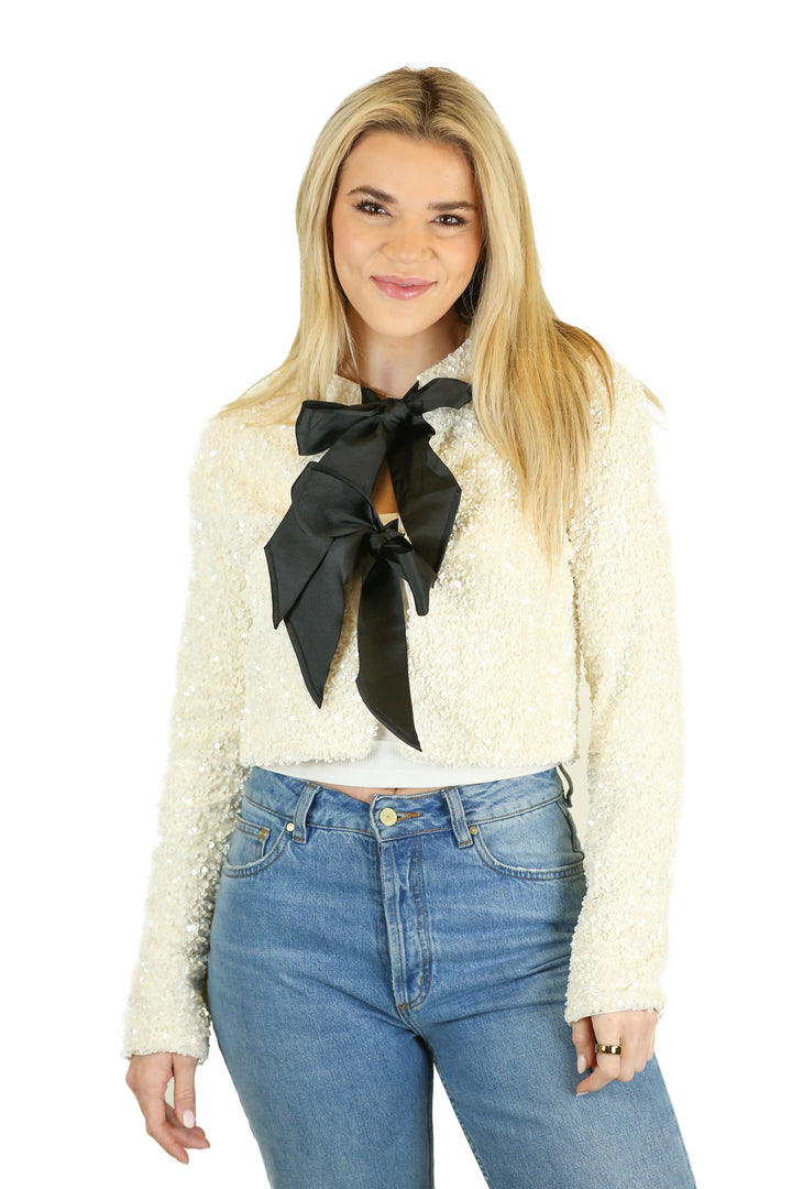 h&m white sequin bow cropped jacket (xs) NWT