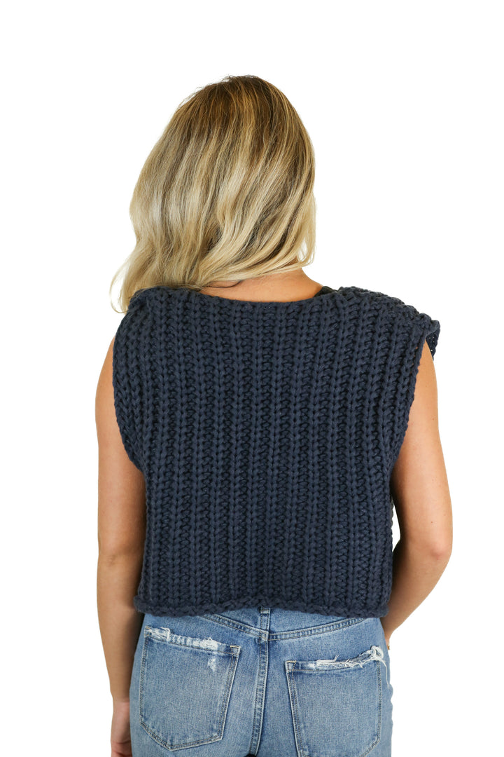 Navy Gold Button Chunky Knit Sweater Vest (S)