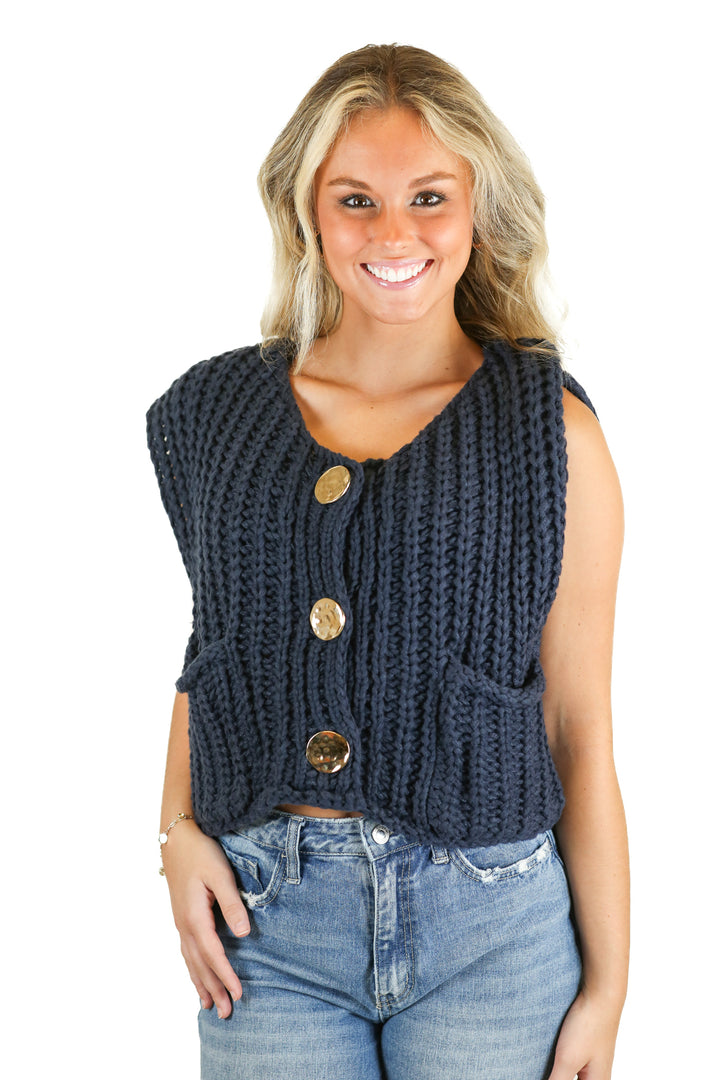 Navy Gold Button Chunky Knit Sweater Vest (S)