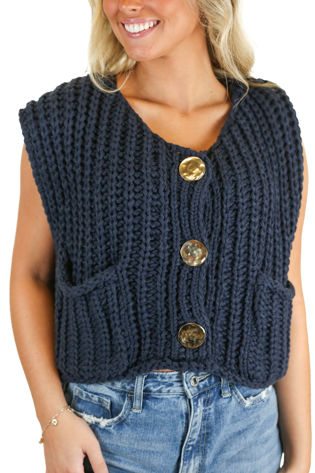 Navy Gold Button Chunky Knit Sweater Vest (S)