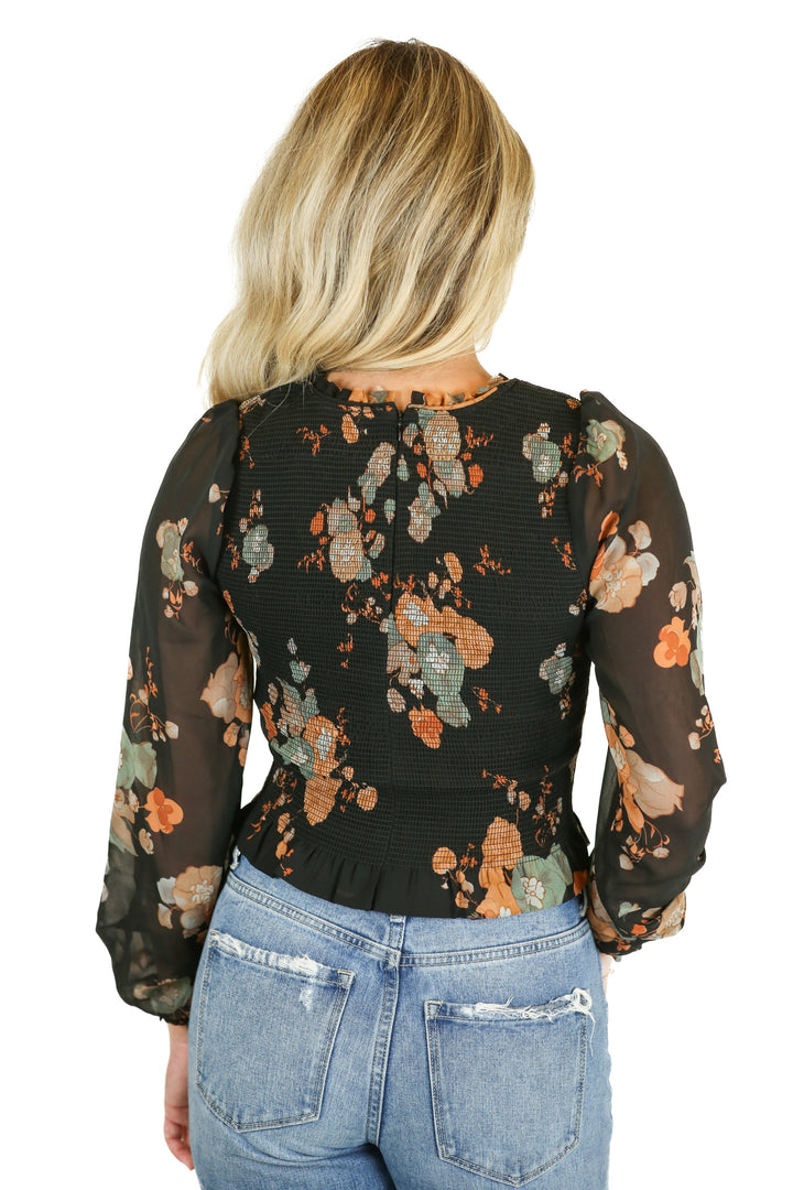 Black Tape black floral long sleeve top NWT (XS)
